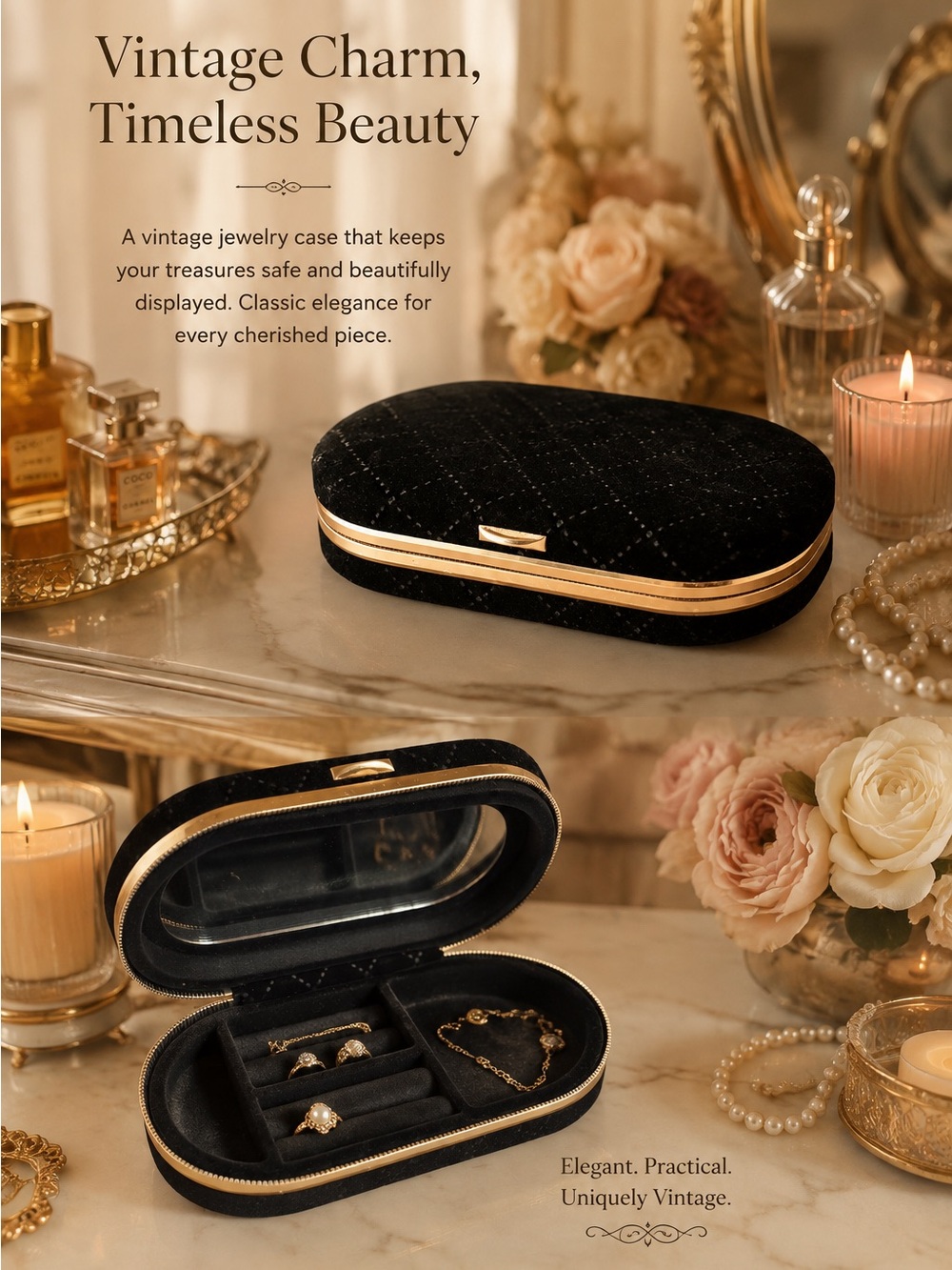 Vintage Black Velvet Jewelry Travel Case with Gold Trim